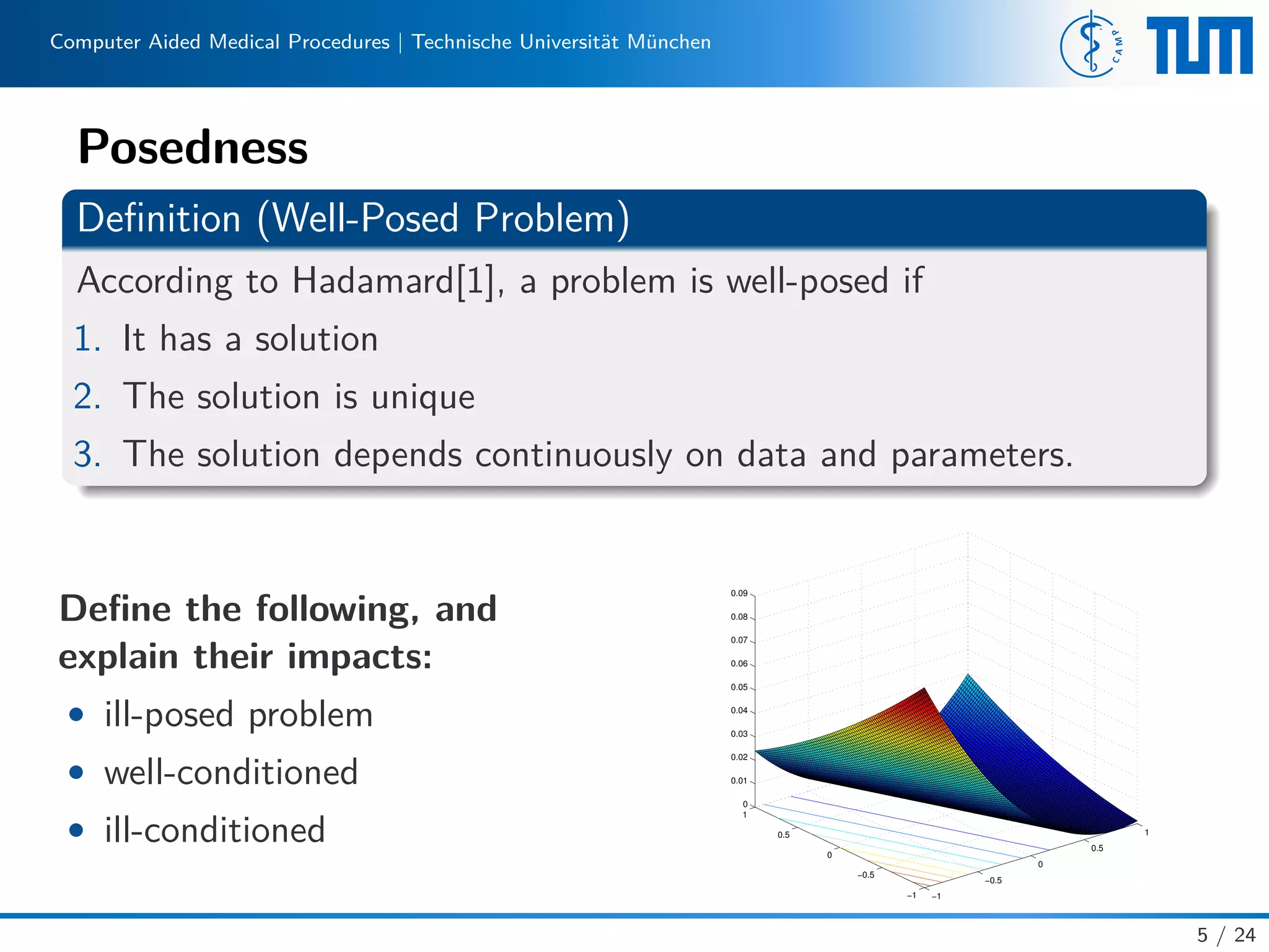 Computer Aided Medical Procedures | Technische Universität München
Posedness
Deﬁnition (Well-Posed Problem)
According to Hadamard[1], a problem is well-posed if
1. It has a solution
2. The solution is unique
3. The solution depends continuously on data and parameters.
Deﬁne the following, and
explain their impacts:
• ill-posed problem
• well-conditioned
• ill-conditioned
−1
−0.5
0
0.5
1
−1
−0.5
0
0.5
1
0
0.01
0.02
0.03
0.04
0.05
0.06
0.07
0.08
0.09
5 / 24
 