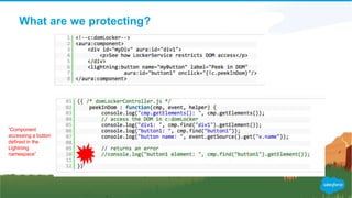 What are we protecting?
“Component
accessing a button
defined in the
Lightning
namespace”
 