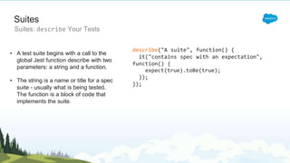 Suites
Suites: describe Your Tests
• A test suite begins with a call to the
global Jest function describe with two
parameters: a string and a function.
• The string is a name or title for a spec
suite - usually what is being tested.
The function is a block of code that
implements the suite.
describe("A suite", function() {
it("contains spec with an expectation",
function() {
expect(true).toBe(true);
});
});
 