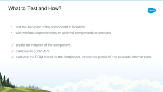 What to Test and How?
• test the behavior of the component in isolation
• with minimal dependencies on external components or services
✓ create an instance of the component.
✓ exercise its public API.
✓ evaluate the DOM output of the component, or use the public API to evaluate internal state.
 
