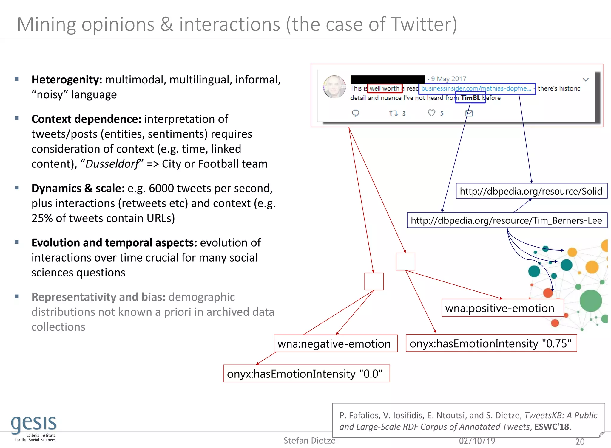 02/10/19 20Stefan Dietze
http://dbpedia.org/resource/Tim_Berners-Lee
wna:positive-emotion
onyx:hasEmotionIntensity "0.75"
onyx:hasEmotionIntensity "0.0"
Mining opinions & interactions (the case of Twitter)
 Heterogenity: multimodal, multilingual, informal,
“noisy” language
 Context dependence: interpretation of
tweets/posts (entities, sentiments) requires
consideration of context (e.g. time, linked
content), “Dusseldorf” => City or Football team
 Dynamics & scale: e.g. 6000 tweets per second,
plus interactions (retweets etc) and context (e.g.
25% of tweets contain URLs)
 Evolution and temporal aspects: evolution of
interactions over time crucial for many social
sciences questions
 Representativity and bias: demographic
distributions not known a priori in archived data
collections
http://dbpedia.org/resource/Solid
wna:negative-emotion
P. Fafalios, V. Iosifidis, E. Ntoutsi, and S. Dietze, TweetsKB: A Public
and Large-Scale RDF Corpus of Annotated Tweets, ESWC'18.
 