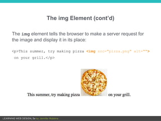 The img Element (cont’d)
<p>This summer, try making pizza <img src="pizza.png" alt="">
on your grill.</p>
The img element tells the browser to make a server request for
the image and display it in its place:
 