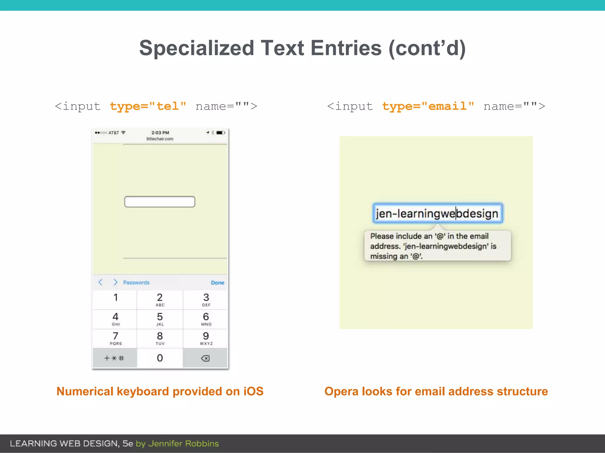Specialized Text Entries (cont’d)
<input type="tel" name=""> <input type="email" name="">
Numerical keyboard provided on iOS Opera looks for email address structure
 
