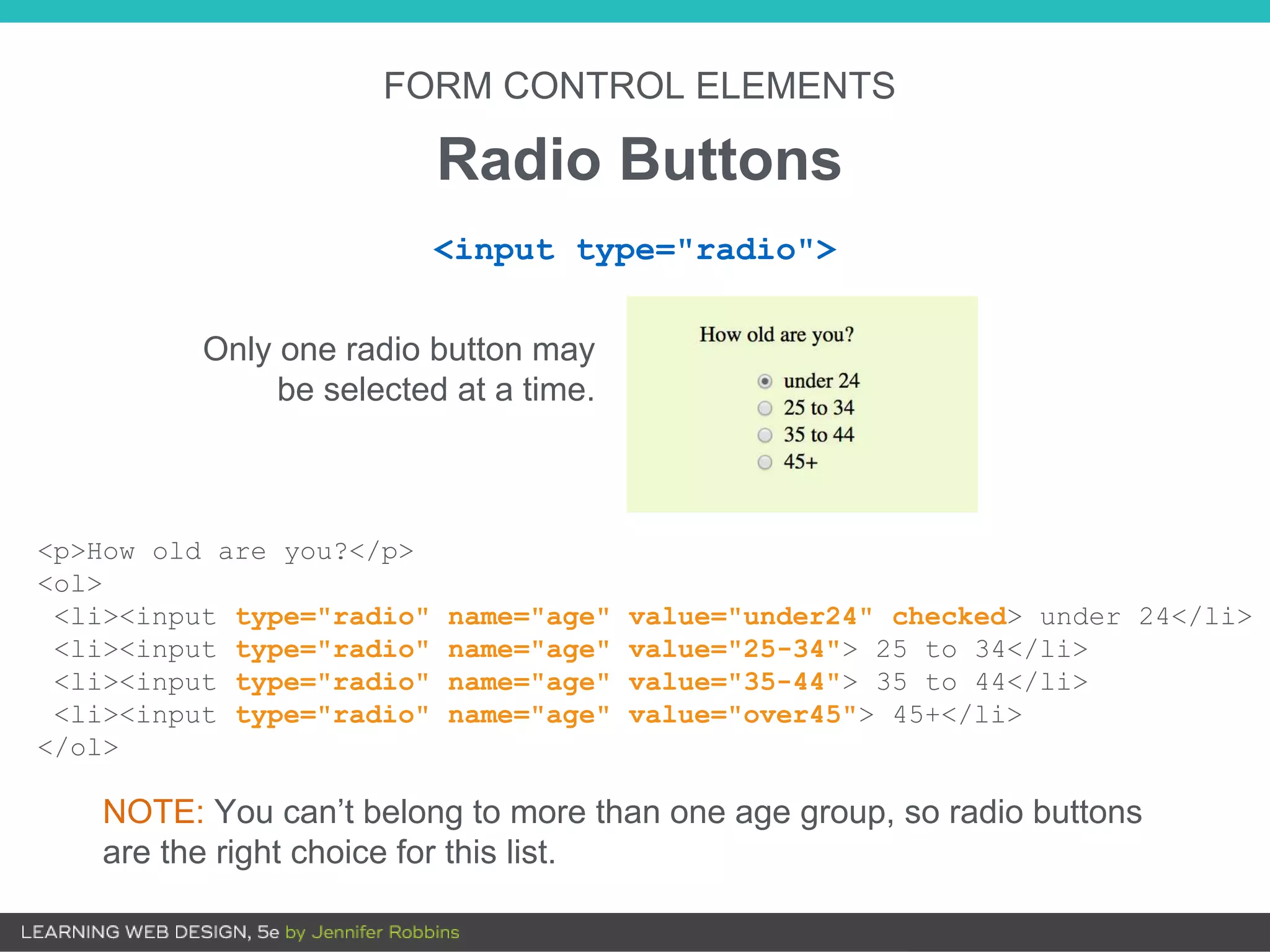FORM CONTROL ELEMENTS
Radio Buttons
<p>How old are you?</p>
<ol>
<li><input type="radio" name="age" value="under24" checked> under 24</li>
<li><input type="radio" name="age" value="25-34"> 25 to 34</li>
<li><input type="radio" name="age" value="35-44"> 35 to 44</li>
<li><input type="radio" name="age" value="over45"> 45+</li>
</ol>
NOTE: You can’t belong to more than one age group, so radio buttons
are the right choice for this list.
Only one radio button may
be selected at a time.
<input type="radio">
 