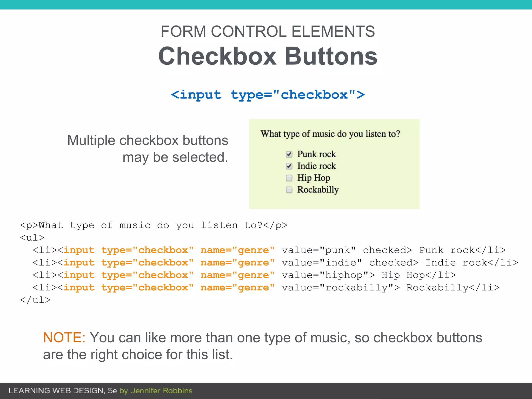 FORM CONTROL ELEMENTS
Checkbox Buttons
NOTE: You can like more than one type of music, so checkbox buttons
are the right choice for this list.
<p>What type of music do you listen to?</p>
<ul>
<li><input type="checkbox" name="genre" value="punk" checked> Punk rock</li>
<li><input type="checkbox" name="genre" value="indie" checked> Indie rock</li>
<li><input type="checkbox" name="genre" value="hiphop"> Hip Hop</li>
<li><input type="checkbox" name="genre" value="rockabilly"> Rockabilly</li>
</ul>
Multiple checkbox buttons
may be selected.
<input type="checkbox">
 
