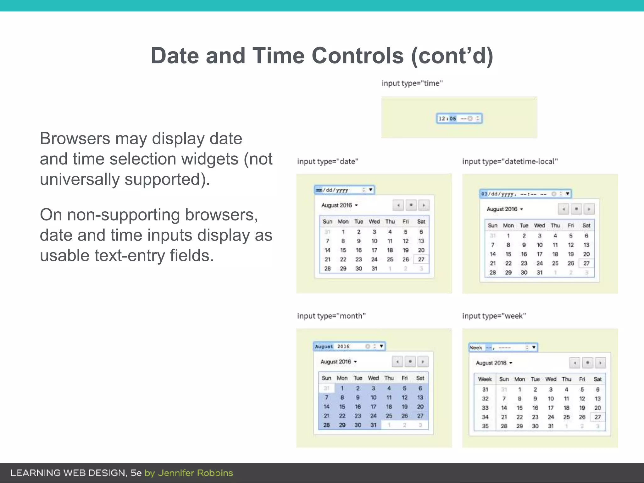 Date and Time Controls (cont’d)
Browsers may display date
and time selection widgets (not
universally supported).
On non-supporting browsers,
date and time inputs display as
usable text-entry fields.
 