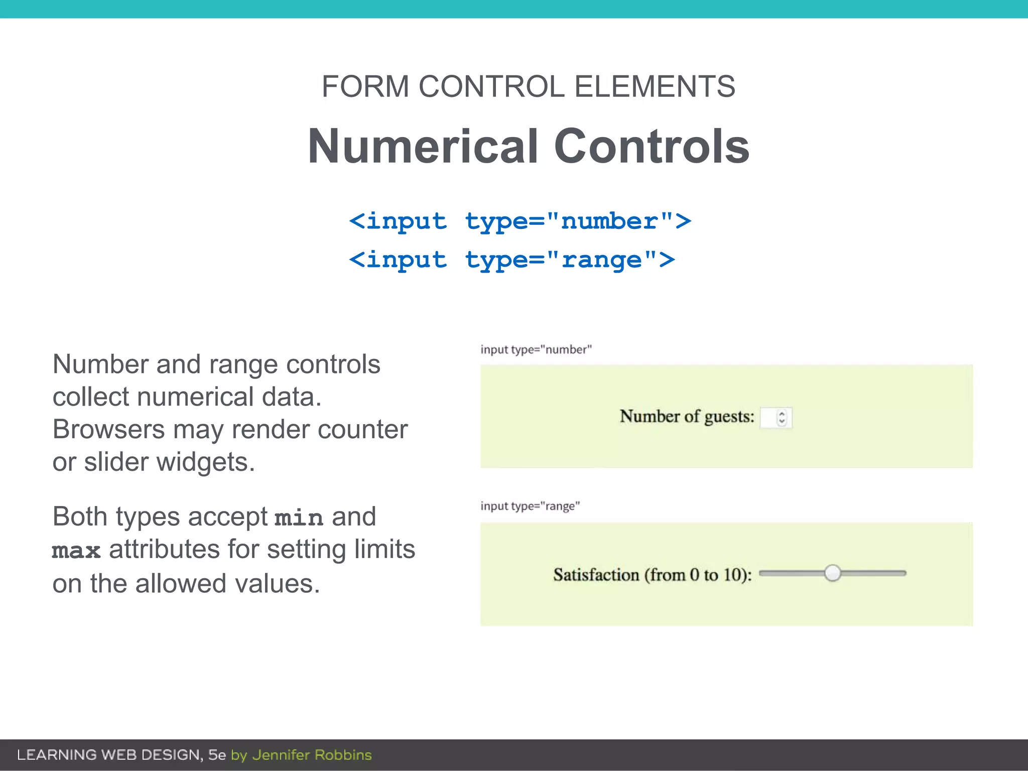 FORM CONTROL ELEMENTS
Numerical Controls
<input type="number">
<input type="range">
Number and range controls
collect numerical data.
Browsers may render counter
or slider widgets.
Both types accept min and
max attributes for setting limits
on the allowed values.
 