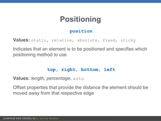 Positioning
position
Values: static, relative, absolute, fixed, sticky
Indicates that an element is to be positioned and s...