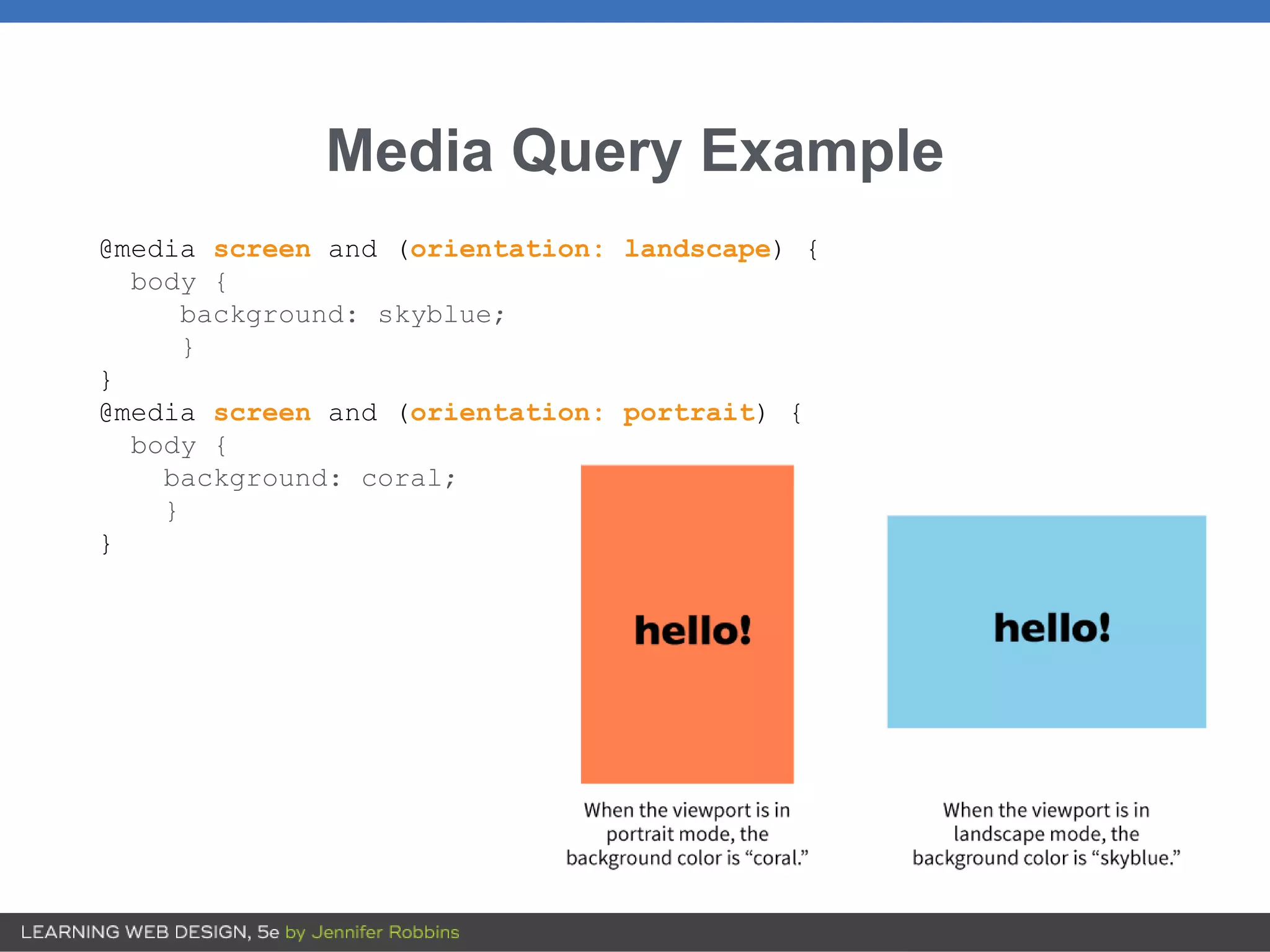 Media Query Example
@media screen and (orientation: landscape) {
body {
background: skyblue;
}
}
@media screen and (orientation: portrait) {
body {
background: coral;
}
}
 
