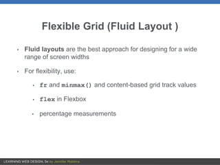 Flexible Grid (Fluid Layout )
• Fluid layouts are the best approach for designing for a wide
range of screen widths
• For flexibility, use:
• fr and minmax() and content-based grid track values
• flex in Flexbox
• percentage measurements
 