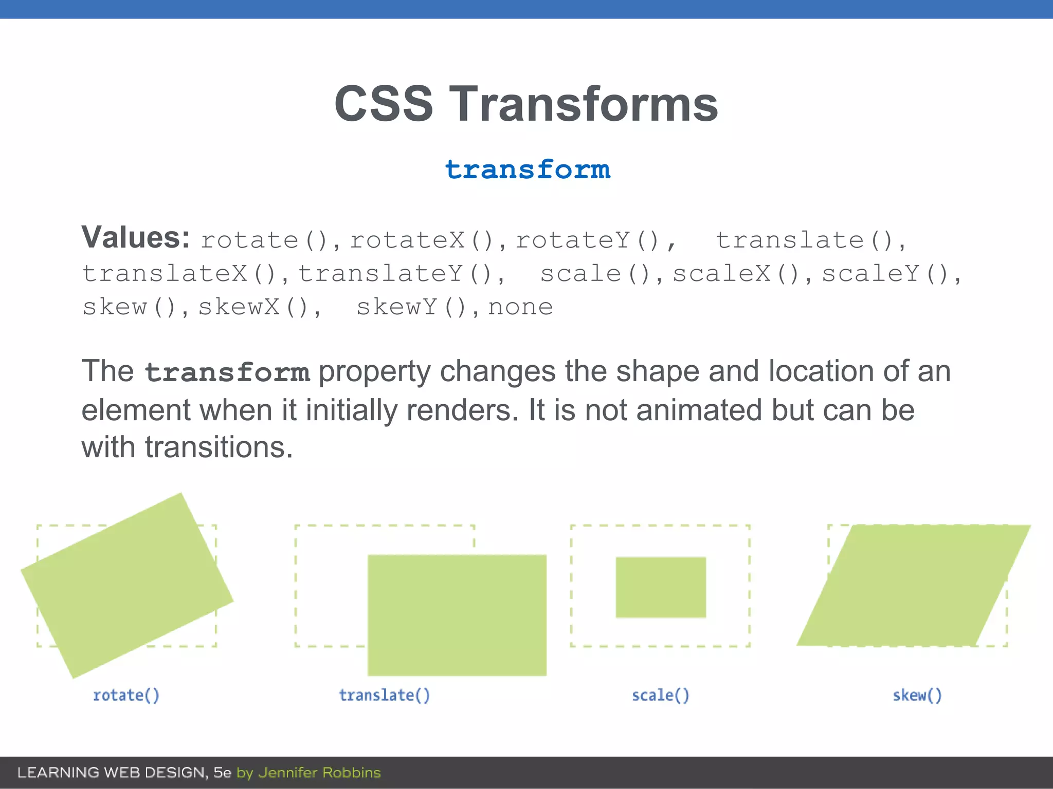 CSS Transforms
transform
Values: rotate(), rotateX(), rotateY(), translate(),
translateX(), translateY(), scale(), scaleX(), scaleY(),
skew(), skewX(), skewY(), none
The transform property changes the shape and location of an
element when it initially renders. It is not animated but can be
with transitions.
 