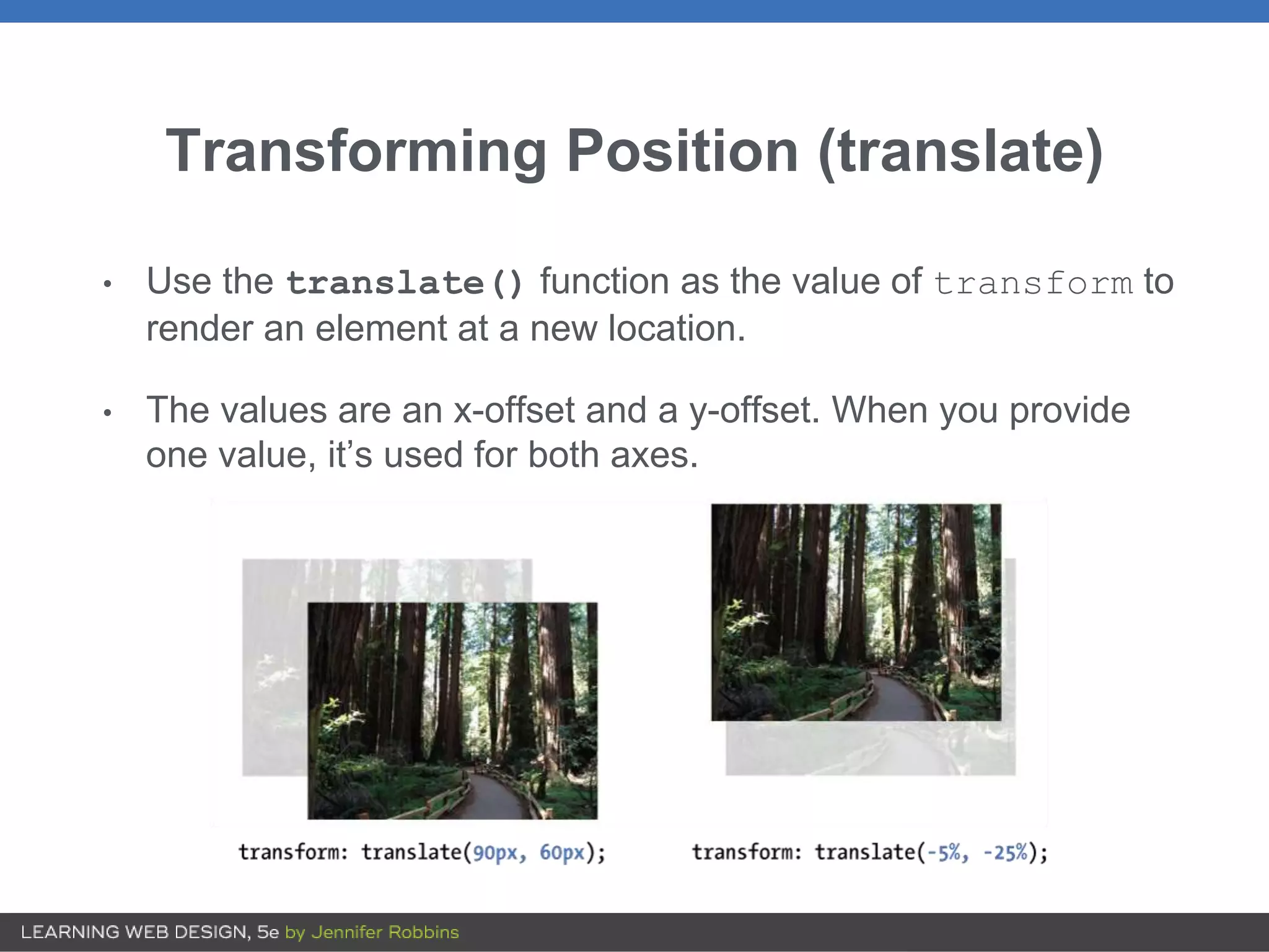 Transforming Position (translate)
• Use the translate() function as the value of transform to
render an element at a new location.
• The values are an x-offset and a y-offset. When you provide
one value, it’s used for both axes.
 