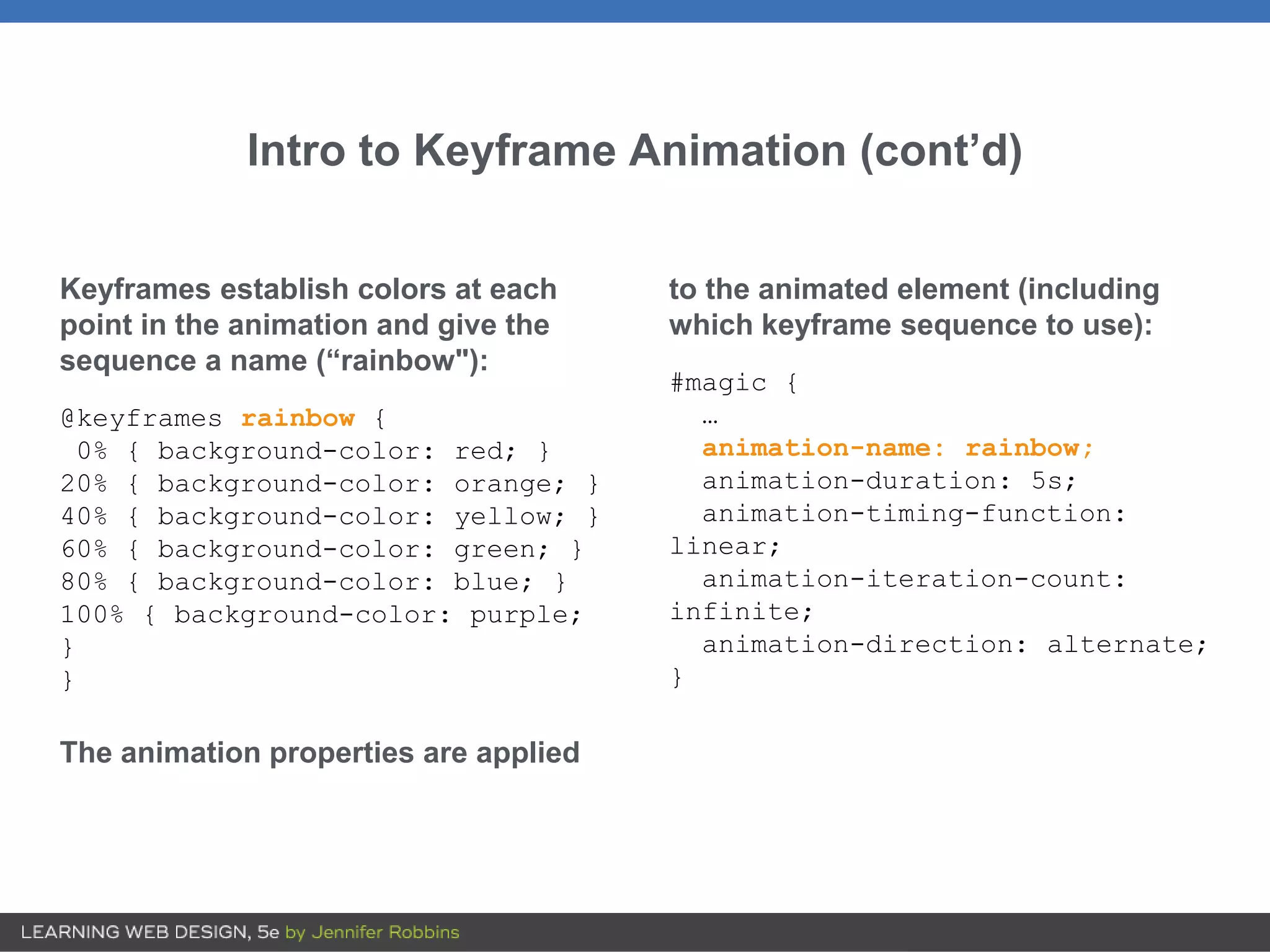 Intro to Keyframe Animation (cont’d)
Keyframes establish colors at each
point in the animation and give the
sequence a name (“rainbow"):
@keyframes rainbow {
0% { background-color: red; }
20% { background-color: orange; }
40% { background-color: yellow; }
60% { background-color: green; }
80% { background-color: blue; }
100% { background-color: purple;
}
}
The animation properties are applied
to the animated element (including
which keyframe sequence to use):
#magic {
…
animation-name: rainbow;
animation-duration: 5s;
animation-timing-function:
linear;
animation-iteration-count:
infinite;
animation-direction: alternate;
}
 