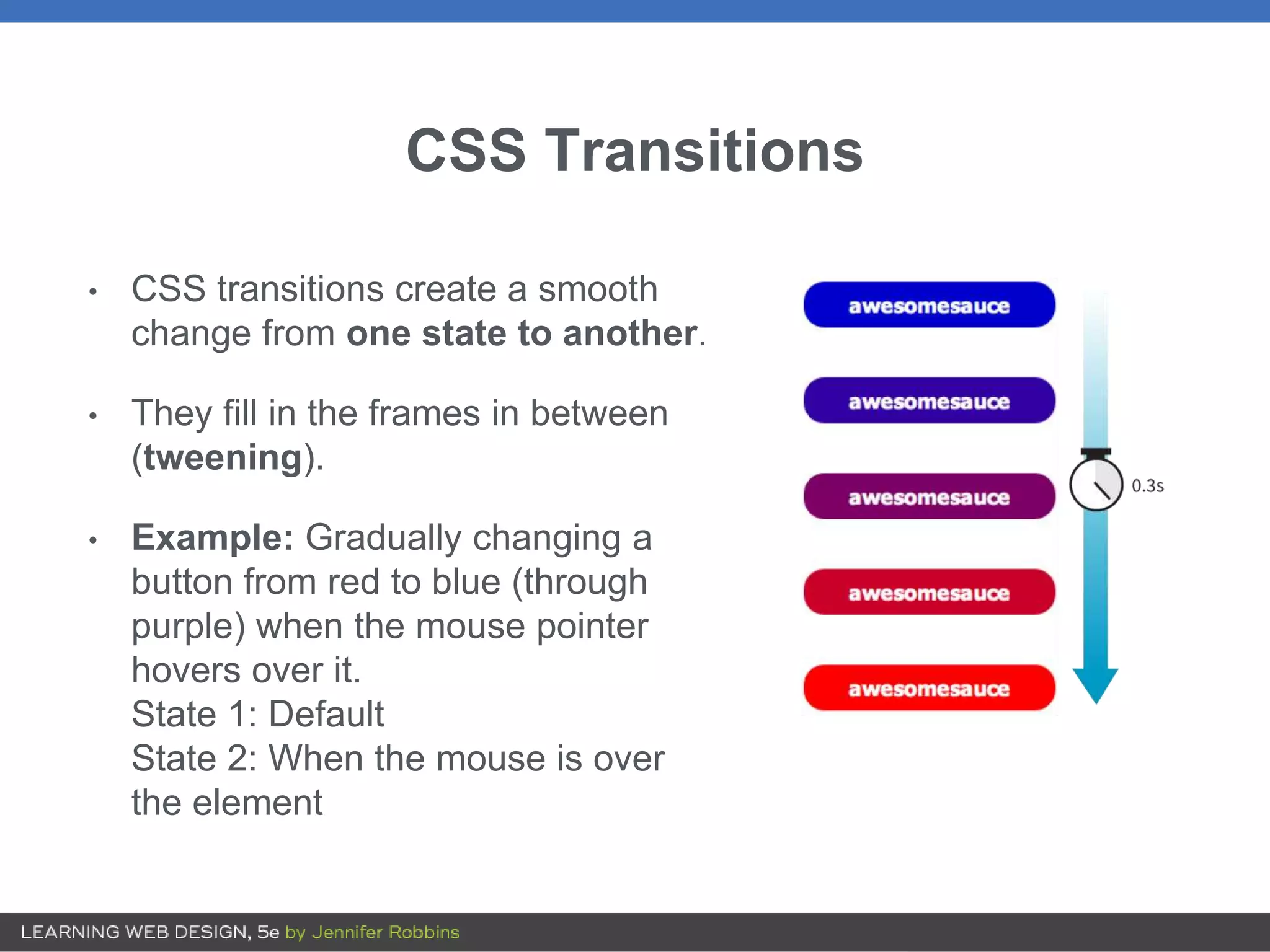 CSS Transitions
• CSS transitions create a smooth
change from one state to another.
• They fill in the frames in between
(tweening).
• Example: Gradually changing a
button from red to blue (through
purple) when the mouse pointer
hovers over it.
State 1: Default
State 2: When the mouse is over
the element
 