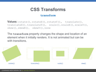 CSS Transforms
transform
Values: rotate(), rotateX(), rotateY(), translate(),
translateX(), translateY(), scale(), scaleX(), scaleY(),
skew(), skewX(), skewY(), none
The transform property changes the shape and location of an
element when it initially renders. It is not animated but can be
with transitions.
 
