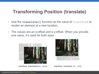 Transforming Position (translate)
• Use the translate() function as the value of transform to
render an element at a new location.
• The values are an x-offset and a y-offset. When you provide
one value, it’s used for both axes.
 