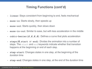 Timing Functions (cont’d)
• linear: Stays consistent from beginning to end, feels mechanical
• ease-in: Starts slowly, then speeds up
• ease-out: Starts quickly, then slows down
• ease-in-out: Similar to ease, but with less acceleration in the middle
• cubic-bezier(#,#,#,#): Defines a curve that plots acceleration
• steps(#, start or end): Divides the animation into a number of
steps. The start and end keywords indicate whether that transition
happens at the beginning or end of each step.
• step-start: Changes states in one step, at the beginning of the
duration time
• step-end: Changes states in one step, at the end of the duration time
 
