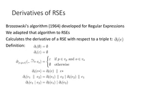 Derivatives of RSEs
Brzozowski's algorithm (1964) developed for Regular Expressions
We adapted that algorithm to RSEs
Calc...
