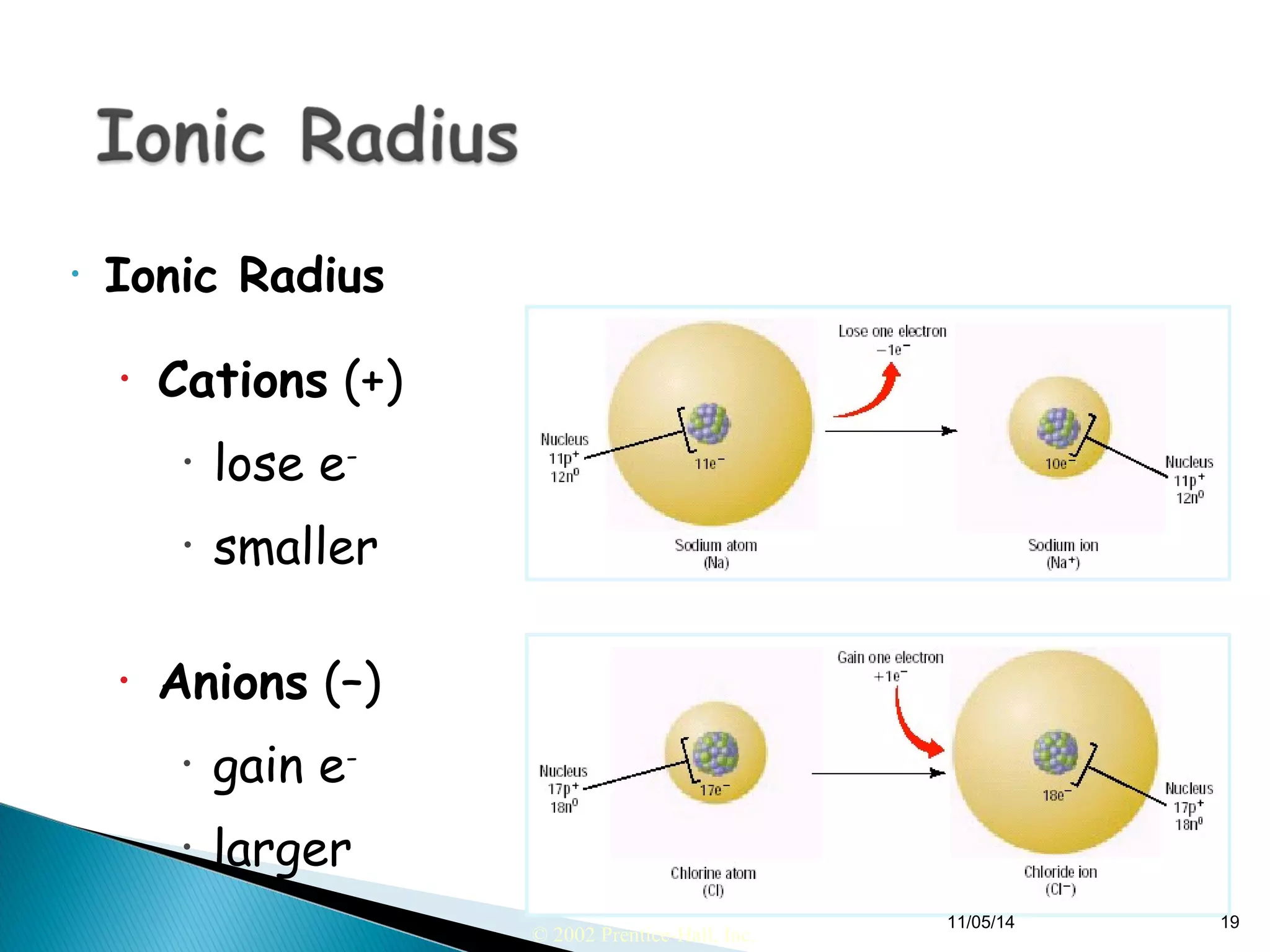 • Ionic Radius 
• Cations (+) 
• lose e- 
• smaller 
© 2002 Prentice-Hall, Inc. 
• Anions (–) 
• gain e- 
• larger 
11/05/14 19 
 