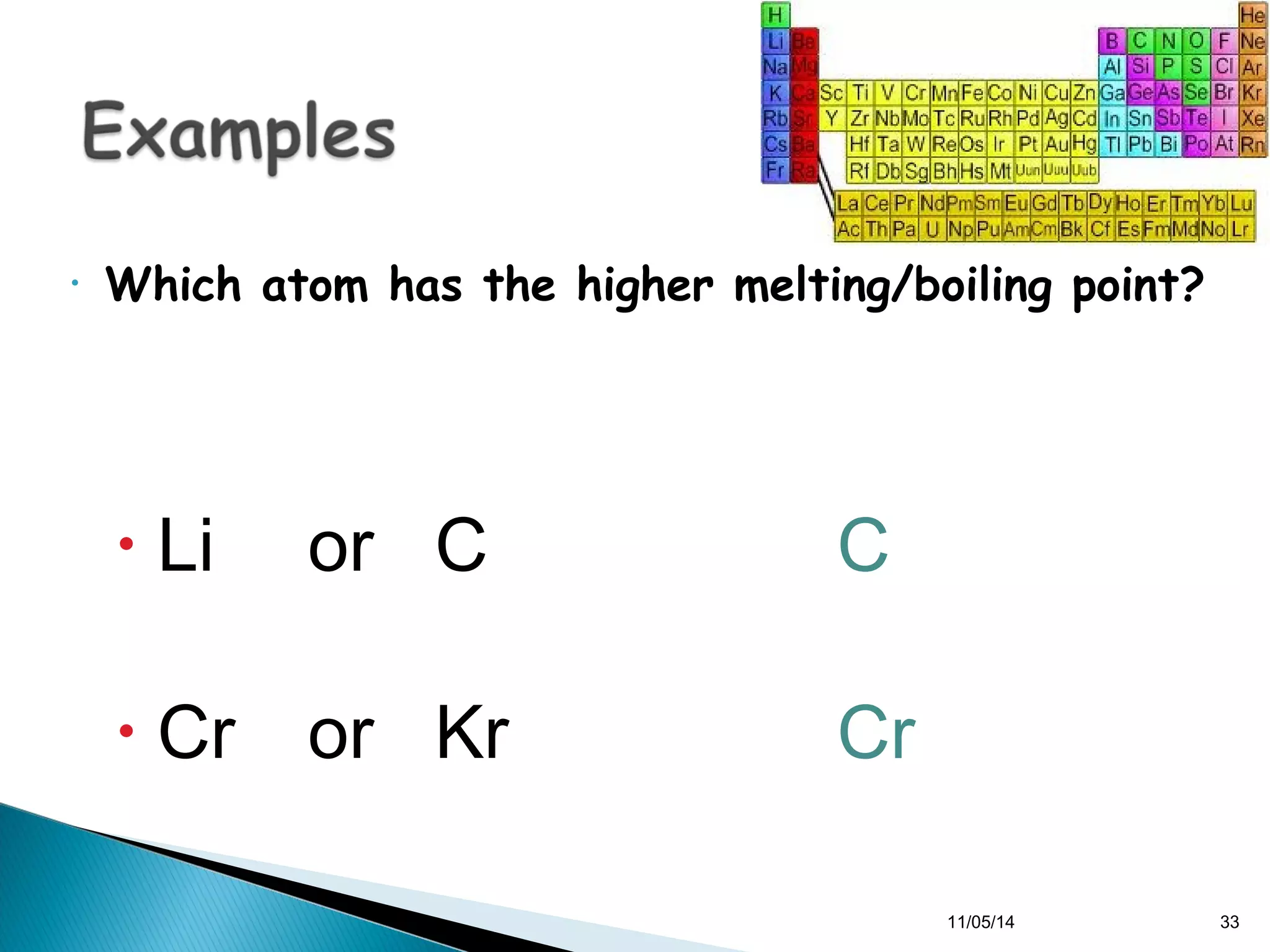 • Which atom has the higher melting/boiling point? 
• Li or C 
• Cr or Kr 
C 
Cr 
11/05/14 33 
 