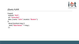 jQuery AJAX
$.ajax({
method: "PUT",
url: "some.php",
data: { name: "John", location: "Boston" }
})
.done( function( msg ) {
alert( "Data Saved: " + msg );
} );
 
