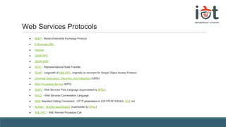 Web Services Protocols
● BEEP - Blocks Extensible Exchange Protocol
● E-Business XML
● Hessian
● JSON-RPC
● JSON-WSP
● REST - Representational State Transfer
● SOAP - outgrowth of XML-RPC, originally an acronym for Simple Object Access Protocol
● Universal Description, Discovery, and Integration (UDDI)
● Web Processing Service (WPS)
● WSFL - Web Services Flow Language (superseded by BPEL)
● WSCL - Web Services Conversation Language
● XINS Standard Calling Convention - HTTP parameters in (GET/POST/HEAD), POX out
● XLANG - XLANG-Specification (superseded by BPEL)
● XML-RPC - XML Remote Procedure Call
 