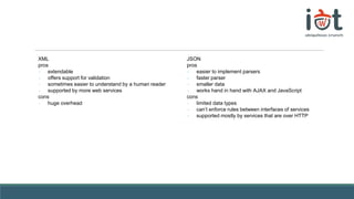 XML
pros
- extendable
- offers support for validation
- sometimes easier to understand by a human reader
- supported by more web services
cons
- huge overhead
JSON
pros
- easier to implement parsers
- faster parser
- smaller data
- works hand in hand with AJAX and JavaScript
cons
- limited data types
- can’t enforce rules between interfaces of services
- supported mostly by services that are over HTTP
 
