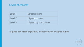 Levels of consent
*Signed can mean signature, a checked box or agree button
Level 1 Verbal consent
Level 2 *Signed consent
Level 3 *Signed by both parties
 