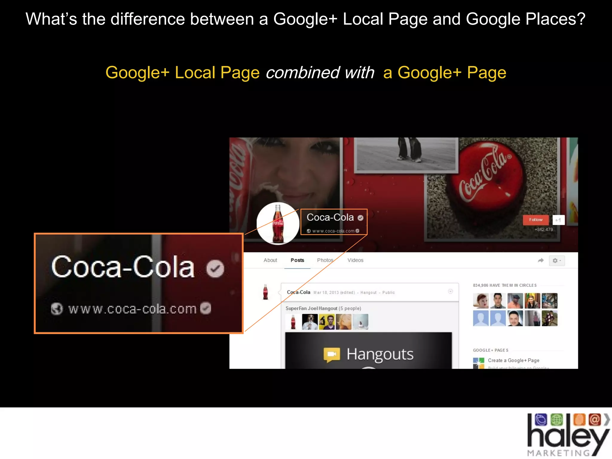 What’s the difference between a Google+ Local Page and Google Places?
Google+ Local Page combined with a Google+ Page
 