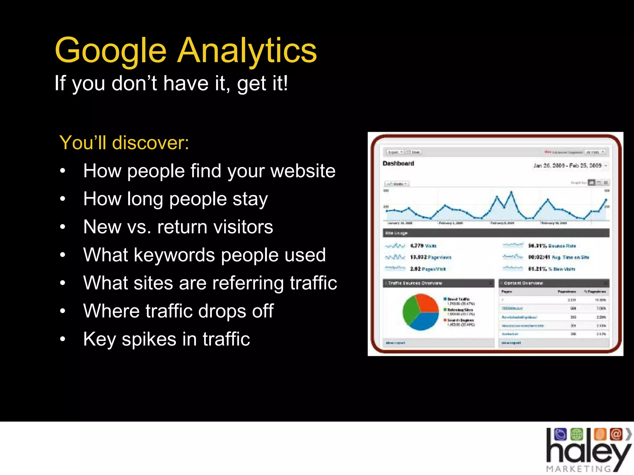 Google Analytics
If you don’t have it, get it!
You’ll discover:
• How people find your website
• How long people stay
• New vs. return visitors
• What keywords people used
• What sites are referring traffic
• Where traffic drops off
• Key spikes in traffic
 