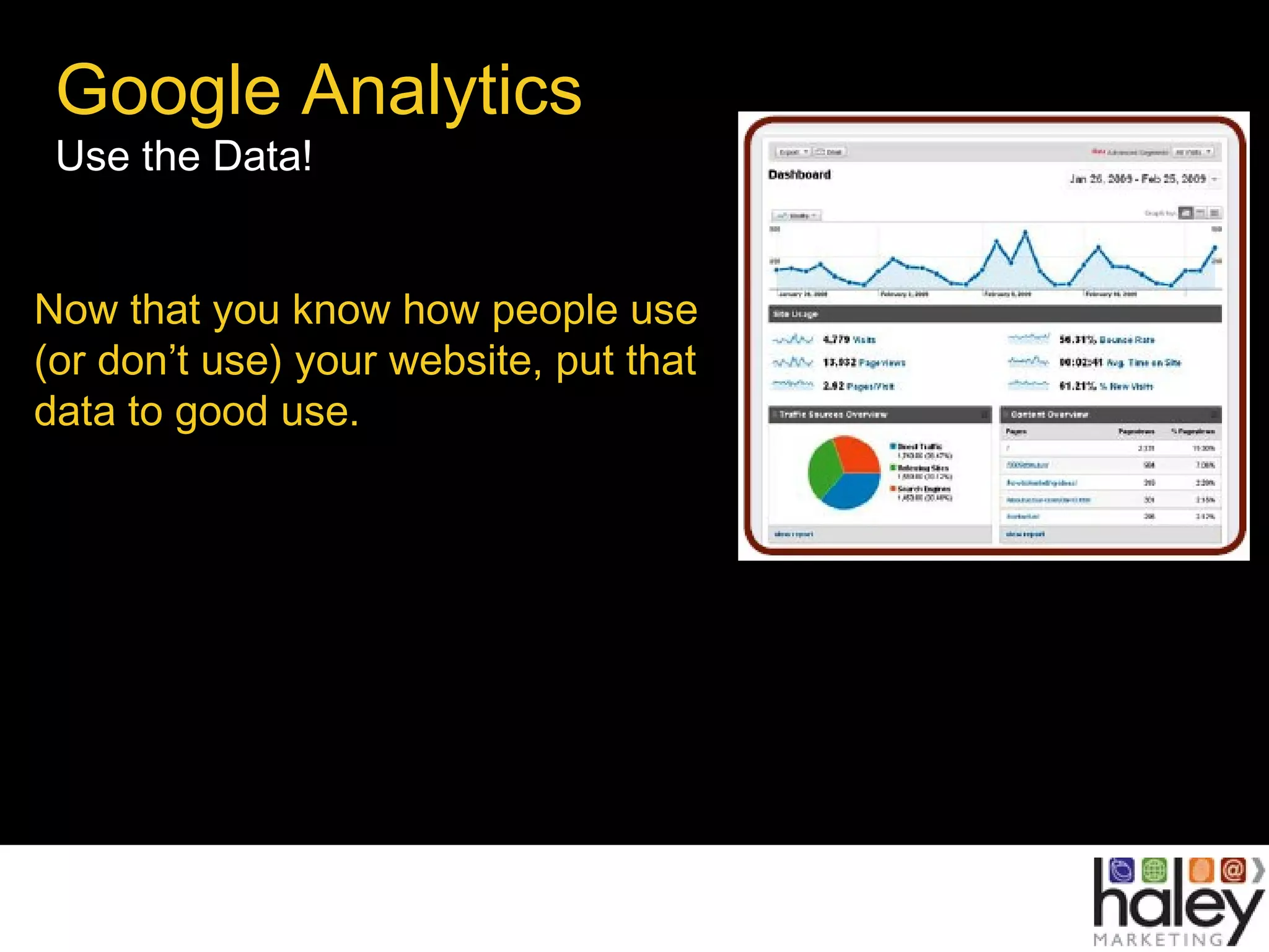 Google Analytics
Use the Data!
Now that you know how people use
(or don’t use) your website, put that
data to good use.
 