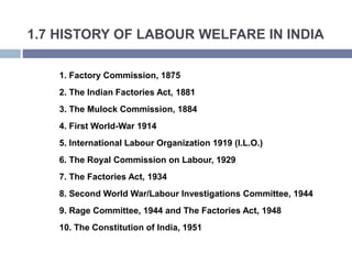1.7 HISTORY OF LABOUR WELFARE IN INDIA
1. Factory Commission, 1875
2. The Indian Factories Act, 1881
3. The Mulock Commission, 1884
4. First World-War 1914
5. International Labour Organization 1919 (I.L.O.)
6. The Royal Commission on Labour, 1929
7. The Factories Act, 1934
8. Second World War/Labour Investigations Committee, 1944
9. Rage Committee, 1944 and The Factories Act, 1948
10. The Constitution of India, 1951
 