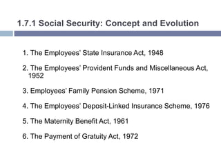 1.7.1 Social Security: Concept and Evolution
1. The Employees’ State Insurance Act, 1948
2. The Employees’ Provident Funds and Miscellaneous Act,
1952
3. Employees’ Family Pension Scheme, 1971
4. The Employees’ Deposit-Linked Insurance Scheme, 1976
5. The Maternity Benefit Act, 1961
6. The Payment of Gratuity Act, 1972
 