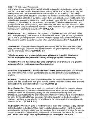 FRIT 7430: UbD Stage 3 Assignment
or the “who”, in our books. When we talk about the characters in our books, we have to
use the characters’ names. A reader cannot just say ‘he’ or ‘she’ or ‘they’ when they are
talking about their characters because someone might not know who you are talking
about. So, when we talk about our characters, we must use their names. We have already
talked about this a little bit in our earlier work.” “Let’s look at the book we read before. I am
going to read a couple of pages, and I want you to pay close attention to the characters. I
am going to think about the characters as I am reading. When I am done reading, I am
going to share with you my thinking about the characters (read and then think aloud about
the characters using the characters’ names).” “Did you notice how I used the characters’
names when I was talking about them?” (H,W,O,R, E)
Participatory: “I am going to read the beginning of this book we have NOT read before,
and I want you to pay close attention to the characters. When I give you the signal I want
you to turn to your neighbor and talk about what you noticed about the new characters.
Make sure to use the characters’ names when you talk to your partner.” (W,O,E,R, E-2)
Summarizer: “When you are reading your books today, look for the characters in your
book, and when you talk about your books with your tub group members, make sure you
use the characters’ names.” (W,O,E,R, E-2)
* Kindergarteners and non-verbal students will point to (identify), illustrate or
dictate appropriate story elements during reading group and conferencing.
* First Graders will illustrate and/or write appropriate story elements in a graphic
organizer during reading group and conferencing.
Character Story Element – Identify the “Who” in the Story utilizing text that does not
use character names such as Big Pumpkin and the little old lady who wasn’t afraid of
anything
Activator: “Yesterday we spent time thinking about the names of the characters in our
books. We also talked about how great readers use the characters’ names when they are
talking about the characters in their books.” (H,W,O,R, E)
Direct Instruction: “Today we are going to continue to talk about the characters in our
books. Sometimes the characters may not have names. When we read a book without
character names we still cannot just say he, she, or they when talking about the
characters. We must name the characters in another way.” “I am going to read aloud and
do some thinking aloud for you so we can name the characters in the book. As I am
reading, I want you to pay attention to what I name the characters in the book (the witch,
the vampire etc.).” (W,O,E,R, E-2)
Participatory: “Now I am going to read more in our book, and I want you to pay attention
to the characters in the book. When I ask you to turn to your partner, I want you to use
your character cards and talk to your partner about the characters in the book. Be sure to
name the characters.” (After reading have the students share). Set a timer for partners
talk. When timer rings, have a group discussion naming the characters.
 