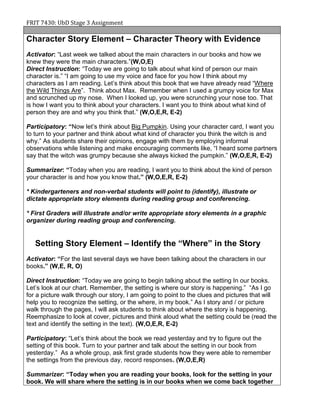 FRIT 7430: UbD Stage 3 Assignment
Character Story Element – Character Theory with Evidence
Activator: “Last week we talked about the main characters in our books and how we
knew they were the main characters.”(W,O,E)
Direct Instruction: “Today we are going to talk about what kind of person our main
character is.” “I am going to use my voice and face for you how I think about my
characters as I am reading. Let’s think about this book that we have already read “Where
the Wild Things Are”. Think about Max. Remember when I used a grumpy voice for Max
and scrunched up my nose. When I looked up, you were scrunching your nose too. That
is how I want you to think about your characters. I want you to think about what kind of
person they are and why you think that.” (W,O,E,R, E-2)
Participatory: “Now let’s think about Big Pumpkin. Using your character card, I want you
to turn to your partner and think about what kind of character you think the witch is and
why.” As students share their opinions, engage with them by employing informal
observations while listening and make encouraging comments like, “I heard some partners
say that the witch was grumpy because she always kicked the pumpkin.” (W,O,E,R, E-2)
Summarizer: “Today when you are reading, I want you to think about the kind of person
your character is and how you know that.” (W,O,E,R, E-2)
* Kindergarteners and non-verbal students will point to (identify), illustrate or
dictate appropriate story elements during reading group and conferencing.
* First Graders will illustrate and/or write appropriate story elements in a graphic
organizer during reading group and conferencing.
Setting Story Element – Identify the “Where” in the Story
Activator: “For the last several days we have been talking about the characters in our
books.” (W,E, R, O)
Direct Instruction: “Today we are going to begin talking about the setting In our books.
Let’s look at our chart. Remember, the setting is where our story is happening.” “As I go
for a picture walk through our story, I am going to point to the clues and pictures that will
help you to recognize the setting, or the where, in my book.” As I story and / or picture
walk through the pages, I will ask students to think about where the story is happening.
Reemphasize to look at cover, pictures and think aloud what the setting could be (read the
text and identify the setting in the text). (W,O,E,R, E-2)
Participatory: “Let’s think about the book we read yesterday and try to figure out the
setting of this book. Turn to your partner and talk about the setting in our book from
yesterday.” As a whole group, ask first grade students how they were able to remember
the settings from the previous day, record responses. (W,O,E,R)
Summarizer: “Today when you are reading your books, look for the setting in your
book. We will share where the setting is in our books when we come back together
 
