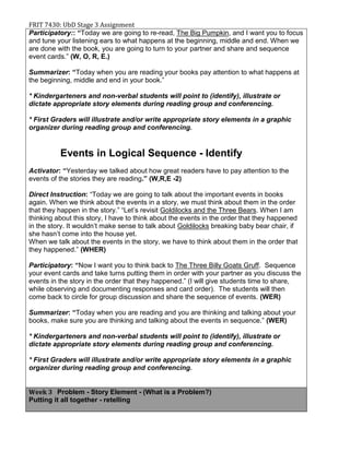 FRIT 7430: UbD Stage 3 Assignment
Participatory:: “Today we are going to re-read, The Big Pumpkin, and I want you to focus
and tune your listening ears to what happens at the beginning, middle and end. When we
are done with the book, you are going to turn to your partner and share and sequence
event cards.” (W, O, R, E.)
Summarizer: “Today when you are reading your books pay attention to what happens at
the beginning, middle and end in your book.”
* Kindergarteners and non-verbal students will point to (identify), illustrate or
dictate appropriate story elements during reading group and conferencing.
* First Graders will illustrate and/or write appropriate story elements in a graphic
organizer during reading group and conferencing.
Events in Logical Sequence - Identify
Activator: “Yesterday we talked about how great readers have to pay attention to the
events of the stories they are reading.” (W,R,E -2)
Direct Instruction: “Today we are going to talk about the important events in books
again. When we think about the events in a story, we must think about them in the order
that they happen in the story.” “Let’s revisit Goldilocks and the Three Bears. When I am
thinking about this story, I have to think about the events in the order that they happened
in the story. It wouldn’t make sense to talk about Goldilocks breaking baby bear chair, if
she hasn’t come into the house yet.
When we talk about the events in the story, we have to think about them in the order that
they happened.” (WHER)
Participatory: “Now I want you to think back to The Three Billy Goats Gruff. Sequence
your event cards and take turns putting them in order with your partner as you discuss the
events in the story in the order that they happened.” (I will give students time to share,
while observing and documenting responses and card order). The students will then
come back to circle for group discussion and share the sequence of events. (WER)
Summarizer: “Today when you are reading and you are thinking and talking about your
books, make sure you are thinking and talking about the events in sequence.” (WER)
* Kindergarteners and non-verbal students will point to (identify), illustrate or
dictate appropriate story elements during reading group and conferencing.
* First Graders will illustrate and/or write appropriate story elements in a graphic
organizer during reading group and conferencing.
Week 3 Problem - Story Element - (What is a Problem?)
Putting it all together - retelling
 