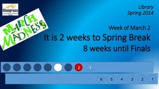Library
Spring 2014
4 2 1
Week of March 2
It is 2 weeks to Spring Break
8 weeks until Finals
6 5 4 3 2 1
 