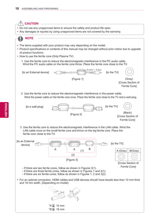 10
ENGENGLISH
ASSEMBLING AND PREPARING
NOTE
yy Do not use any unapproved items to ensure the safety and product life span.
yy Any damages or injuries by using unapproved items are not covered by the warranty.
CAUTION
[to an External device]
[Figure 1]
[to the TV]
(Gray)
[Cross Section of
Ferrite Core]
10 mm(+ / - 5 mm)
2 Use the ferrite core to reduce the electromagnetic interference in the power cable.
Wind the power cable on the ferrite core once. Place the ferrite core close to the TV and a wall plug.
[to a wall plug] [to the TV]
(Black)
[Cross Section of
Ferrite Core]
[Figure 2]
3 Use the ferrite core to reduce the electromagnetic interference in the LAN cable. Wind the 		
LAN cable once on the small ferrite core and thrice on the big ferrite core. Place the 		
ferrite core 	close to the TV.
[to an External
device] [to the TV]
A B
[Figure 3]
yy For an optimal connection, HDMI cables and USB devices should have bezels less than 10 mm thick
and 18 mm width. (Depending on model)
B
A A
B
*A 10 mm
*B 18 mm
yy The items supplied with your product may vary depending on the model.
yy Product specifications or contents of this manual may be changed without prior notice due to upgrade
of product functions.
yy How to use the ferrite core (Only Plasma TV)
	 1 Use the ferrite core to reduce the electromagnetic interference in the PC audio cable.
Wind the PC audio cable on the ferrite core thrice. Place the ferrite core close to the TV.
-	If there are two ferrite cores, follow as shown in Figures 3(1).
-	If there are three ferrite cores, follow as shown in Figures 1 and 3(1).
-	If there are six ferrite cores, follow as shown in Figures 1, 2 and 3(2).
A (Gray) B(Gray)
[Cross Section of
Ferrite Core]
A
(1)
(2)
 