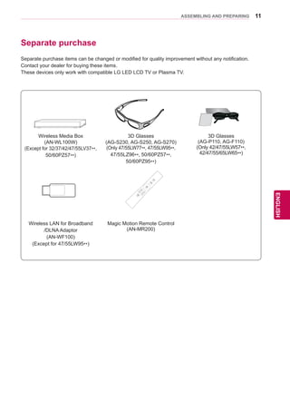 11
ENGENGLISH
ASSEMBLING AND PREPARING
Separate purchase
Separate purchase items can be changed or modified for quality improvement without any notification.
Contact your dealer for buying these items.
These devices only work with compatible LG LED LCD TV or Plasma TV.
Wireless Media Box
(AN-WL100W)
(Except for 32/37/42/47/55LV37**,
50/60PZ57**)
3D Glasses
(AG-S230, AG-S250, AG-S270)
(Only 47/55LW77**, 47/55LW95**,
47/55LZ96**, 50/60PZ57**,
50/60PZ95**)
3D Glasses
(AG-P110, AG-F110)
(Only 42/47/55LW57**,
42/47/55/65LW65**)
Wireless LAN for Broadband
/DLNA Adaptor
(AN-WF100)
(Except for 47/55LW95**)
Magic Motion Remote Control
(AN-MR200)
H
om
e
OK
P
MUTE
 