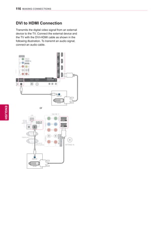 116
ENGENGLISH
MAKING CONNECTIONS
DVI to HDMI Connection
Transmits the digital video signal from an external
device to the TV. Connect the external device and
the TV with the DVI-HDMI cable as shown in the
following illustration. To transmit an audio signal,
connect an audio cable.
RS-232CIN(CONTROLSERVICE)
IN1IN2IN3IN4
LAN RGB IN (PC) OPTICALDIGITAL
AUDIOOUT
PTICALDIGITTICALDIGITAUDIO IN
(RGB/DVI)
ANTENNA/
CABLE IN
ANTENNAANTENNA
AV IN 2
AUDIO / VIDEO
COMPONENT IN 2
AUDIO / Y PB PR
H/P
WIRELESS
CONTROL
AUDIOVIDEOL/MONOR
AV IN 1
COMPONENT
IN 1
AUDIO
RLYPBPR
VIDEO
/DVI/DVI/DVI/DVI
AUDIO OUT
DVI OUT
HDDIN
USBIN1
USBApps
USBIN2
/DVIIN1
IN2
(RGB/DVI)
AUDIO IN
ANTENNA IN
COMPONENTIN
AUDIO
R
L
Y
PB
PR
VIDEO
AV IN 1
VIDEO
1
2
L/MONORAUDIOAAUDIO
LAN
OPTICAL
DIGITATT L
AUDIO OUT
RGB IN (PC)
RS-232C IN
(CONTROLSERVICE)
AUDIO OUT
DVI OUT
or
 