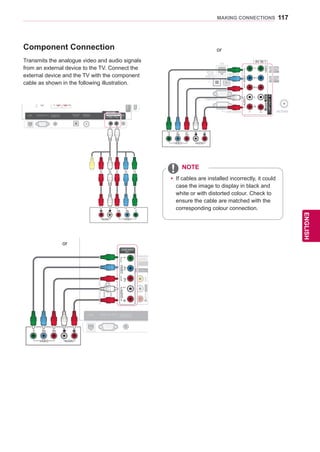 117
ENGENGLISH
MAKING CONNECTIONS
Component Connection
Transmits the analogue video and audio signals
from an external device to the TV. Connect the
external device and the TV with the component
cable as shown in the following illustration.
RS-232CIN(CONTROLSERVICE)
IN1IN2IN3IN4
USBIN1USBIN2
LAN RGB IN (PC) OPTICALDIGITAL
AUDIOOUT
PTICALDIGITTICALDIGITAUDIO IN
(RGB/DVI)
AUDIO INAUDIO IN ANTENNA/
CABLE IN
ANTENNAANTENNA
AV IN 2
AUDIO / VIDEO
COMPONENT IN 2
AUDIO / Y PB PR
H/P
WIRELESS
CONTROL
AUDIOVIDEOL/MONOR
AV IN 1
COMPONENT
IN 1
AUDIO
RLYPBPR
VIDEO
/DVI/DVI/DVI/DVI
VIDEOAUDIO
RS-232CIN(CONTROLSERVICE)
IN1IN2IN3IN4
USBIN1USBIN2
LAN RGB IN (PC) OPTICALDIGITAL
AUDIOOUT
PTICALDIGITTICALDIGITAUDIO IN
(RGB/DVI)
AUDIO INAUDIO IN ANTENNA/
CABLE IN
ANTENNAANTENNA
AV IN 2
AUDIO / VIDEO
COMPONENT IN 2
AUDIO / Y PB PR
H/P
WIRELESS
CONTROL
AUDIOVIDEOL/MONOR
AV IN 1
COMPONENT
IN 1
AUDIO
RLYPBPR
VIDEO
/DVI/DVI/DVI/DVI
VIDEO AUDIO
yy If cables are installed incorrectly, it could
case the image to display in black and
white or with distorted colour. Check to
ensure the cable are matched with the
corresponding colour connection.
NOTE
or
ANTENNA IN
COMPONENTIN
AUDIO
R
L
Y
PB
PR
VIDEO
AV IN 1
VIDEO
1
2
L/MONORAUDIO
/DVIIN1
IN2
LAN
OPTICAL
DIGITAL
AUDIO OUT (RGB/DVI)
AUDIO IN
RGB IN (PC)
RS-232C IN
(CONTROLSERVICE)
VIDEO AUDIO
or
 