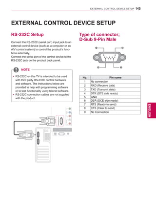 145
ENGENGLISH
EXTERNAL CONTROL DEVICE SETUP
EXTERNAL CONTROL DEVICE SETUP
RS-232C Setup
Connect the RS-232C (serial port) input jack to an
external control device (such as a computer or an
A/V control system) to control the product’s func-
tions externally.
Connect the serial port of the control device to the
RS-232C jack on the product back panel.
Type of connector;
D-Sub 9-Pin Male
1 5
6 9
No. Pin name
1 No connection
2 RXD (Receive data)
3 TXD (Transmit data)
4 DTR (DTE side ready)
5 GND
6 DSR (DCE side ready)
7 RTS (Ready to send)
8 CTS (Clear to send)
9 No Connection
RS-232CIN(CONTROLSERVICE)
IN1IN2IN3IN4
USBIN1USBIN2
LAN RGB IN (PC) OPTICALDIGITAL
AUDIOOUT
PTICALDIGITTICALDIGITAUDIO IN
(RGB/DVI)
AUDIO INAUDIO IN ANTENNA/
CABLE IN
ANTENNAANTENNA
AV IN 2
AUDIO / VIDEO
COMPONENT IN 2
AUDIO / Y PB PR
H/P
WIRELESS
CONTROL
AUDIOVIDEOL/MONOR
AV IN 1
COMPONENT
IN 1
AUDIO
RLYPBPR
VIDEO
/DVI/DVI/DVI/DVI
yy RS-232C on this TV is intended to be used
with third party RS-232C control hardware
and software. The instructions below are
provided to help with programming software
or to test functionality using telenet software.
yy RS-232C connection cables are not supplied
with the product.
NOTE
 