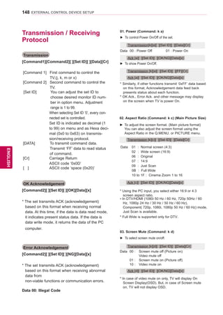 148
ENGENGLISH
EXTERNAL CONTROL DEVICE SETUP
02. Aspect Ratio (Command: k c) (Main Picture Size)
►► To adjust the screen format. (Main picture format)
	 You can also adjust the screen format using the
Aspect Ratio in the Q.MENU. or PICTURE menu.
Transmission [k][c][ ][Set ID][ ][Data][Cr]
* Using the PC input, you select either 16:9 or 4:3
screen aspect ratio.
* In DTV/HDMI (1080i 50 Hz / 60 Hz, 720p 50Hz / 60
Hz, 1080p 24 Hz / 30 Hz / 50 Hz / 60 Hz),
Component( 720p, 1080i, 1080p 50 Hz / 60 Hz) mode,
Just Scan is available.
* Full Wide is supported only for DTV.
Ack [c][ ][Set ID][ ][OK/NG][Data][x]
03. Screen Mute (Command: k d)
►► To select screen mute on/off.
Data	 00 :	 Screen mute off (Picture on)
			 Video mute off
	 01 :	 Screen mute on (Picture off)
	 10 :	 Video mute on
* In case of video mute on only, TV will display On
Screen Display(OSD). But, in case of Screen mute
on, TV will not display OSD.
Transmission [k][d][ ][Set ID][ ][Data][Cr]
Ack [d][ ][Set ID][ ][OK/NG][Data][x]
01. Power (Command: k a)
►► To control Power On/Off of the set.
Data	 00 : Power Off 01 : Power On
Transmission[k][a][ ][Set ID][ ][Data][Cr]
Ack [a][ ][Set ID][ ][OK/NG][Data][x]
►► To show Power On/Off.
Transmission [k][a][ ][Set ID][ ][FF][Cr]
* Similarly, if other functions transmit ‘0xFF’ data based
on this format, Acknowledgement data feed back
presents status about each function.
* OK Ack., Error Ack. and other message may display
on the screen when TV is power On.
Ack [a][ ][Set ID][ ][OK/NG][Data][x]
OK Acknowledgement
[Command2][ ][Set ID][ ][OK][Data][x]
* The set transmits ACK (acknowledgement)
based on this format when receiving normal
data. At this time, if the data is data read mode,
it indicates present status data. If the data is
data write mode, it returns the data of the PC
computer.
Error Acknowledgement
[Command2][ ][Set ID][ ][NG][Data][x]
* The set transmits ACK (acknowledgement)
based on this format when receiving abnormal
data from
	 non-viable functions or communication errors.
Data	00: Illegal Code
[Command 1] First command to control the
TV.(j, k, m or x)
[Command 2] Second command to control the
TV.
[Set ID] You can adjust the set ID to
choose desired monitor ID num-
ber in option menu. Adjustment
range is 1 to 99. 
When selecting Set ID ‘0’, every con-
nected set is controlled. 
Set ID is indicated as decimal (1
to 99) on menu and as Hexa deci-
mal (0x0 to 0x63) on transmis-
sion/receiving protocol.
[DATA] 	To transmit command data.
	Transmit ‘FF’ data to read status
of command.
[Cr] Carriage Return
ASCII code ‘0x0D’
[ ] ASCII code ‘space (0x20)’
Transmission / Receiving
Protocol
Transmission
[Command1][Command2][ ][Set ID][ ][Data][Cr]
Data 01 : Normal screen (4:3)
02 : Wide screen (16:9)
06 : Original
07 : 14:9
09 : Just Scan
0B : Full Wide
10 to 1F : Cinema Zoom 1 to 16
 