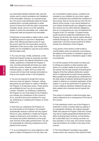156
ENGENGLISH
OPEN SOURCE LICENSE
any associated interface definition files, plus the
scripts used to control compilation and installation
of the executable. However, as a special excep-
tion, the source code distributed need not include
anything that is normally distributed (in either
source or binary form) with the major components
(compiler, kernel, and so on) of the operating
system on which the executable runs, unless that
component itself accompanies the executable.
If distribution of executable or object code is made
by offering access to copy from a designated
place, then offering equivalent access to copy
the source code from the same place counts as
distribution of the source code, even though third
parties are not compelled to copy the source along
with the object code.
4. You may not copy, modify, sublicense, or dis-
tribute the Program except as expressly provided
under this License. Any attempt otherwise to copy,
modify, sublicense or distribute the Program is
void, and will automatically terminate your rights
under this License. However, parties who have
received copies, or rights, from you under this
License will not have their licenses terminated so
long as such parties remain in full compliance.
5. You are not required to accept this License,
since you have not signed it. However, nothing
else grants you permission to modify or distribute
the Program or its derivative works. These actions
are prohibited by law if you do not accept this
License. Therefore, by modifying or distributing
the Program (or any work based on the Program),
you indicate your acceptance of this License to
do so, and all its terms and conditions for copy-
ing, distributing or modifying the Program or works
based on it.
6. Each time you redistribute the Program (or
any work based on the Program), the recipient
automatically receives a license from the original
licensor to copy, distribute or modify the Program
subject to these terms and conditions. You may
not impose any further restrictions on the recipi-
ents' exercise of the rights granted herein. You are
not responsible for enforcing compliance by third
parties to this License.
7. If, as a consequence of a court judgment or alle-
gation of patent infringement or for any other rea-
son (not limited to patent issues), conditions are
imposed on you (whether by court order, agree-
ment or otherwise) that contradict the conditions of
this License, they do not excuse you from the con-
ditions of this License. If you cannot distribute so
as to satisfy simultaneously your obligations under
this License and any other pertinent obligations,
then as a consequence you may not distribute the
Program at all. For example, if a patent license
would not permit royalty-free redistribution of the
Program by all those who receive copies directly or
indirectly through you, then the only way you could
satisfy both it and this License would be to refrain
entirely from distribution of the Program.
If any portion of this section is held invalid or
unenforceable under any particular circumstance,
the balance of the section is intended to apply and
the section as a whole is intended to apply in other
circumstances.
It is not the purpose of this section to induce you
to infringe any patents or other property right
claims or to contest validity of any such claims;
this section has the sole purpose of protecting the
integrity of the free software distribution system,
which is implemented by public license practices.
Many people have made generous contributions to
the wide range of software distributed through that
system in reliance on consistent application of that
system; it is up to the author/donor to decide if he
or she is willing to distribute software through any
other system and a licensee cannot impose that
choice.
This section is intended to make thoroughly clear
what is believed to be a consequence of the rest of
this License.
8. If the distribution and/or use of the Program is
restricted in certain countries either by patents or
by copyrighted interfaces, the original copyright
holder who places the Program under this License
may add an explicit geographical distribution limi-
tation excluding those countries, so that distribu-
tion is permitted only in or among countries not
thus excluded. In such case, this License incorpo-
rates the limitation as if written in the body of this
License.
9. The Free Software Foundation may publish
revised and/or new versions of the General Public
 