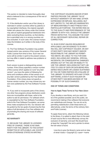 163
ENGENGLISH
OPEN SOURCE LICENSE
This section is intended to make thoroughly clear
what is believed to be a consequence of the rest of
this License.
12. If the distribution and/or use of the Library is
restricted in certain countries either by patents or
by copyrighted interfaces, the original copyright
holder who places the Library under this License
may add an explicit geographical distribution limi-
tation excluding those countries, so that distribu-
tion is permitted only in or among countries not
thus excluded. In such case, this License incorpo-
rates the limitation as if written in the body of this
License.
13. The Free Software Foundation may publish
revised and/or new versions of the Lesser General
Public License from time to time. Such new ver-
sions will be similar in spirit to the present version,
but may differ in detail to address new problems or
concerns.
Each version is given a distinguishing version
number. If the Library specifies a version number
of this License which applies to it and any later
version, you have the option of following the
terms and conditions either of that version or of
any later version published by the Free Software
Foundation. If the Library does not specify a
license version number, you may choose any ver-
sion ever published by the Free Software Founda-
tion.
14. If you wish to incorporate parts of the Library
into other free programs whose distribution condi-
tions are incompatible with these, write to the
author to ask for permission. For software which
is copyrighted by the Free Software Foundation,
write to the Free Software Foundation; we some-
times make exceptions for this. Our decision will
be guided by the two goals of preserving the free
status of all derivatives of our free software and
of promoting the sharing and reuse of software
generally.
NO WARRANTY
15. BECAUSE THE LIBRARY IS LICENSED
FREE OF CHARGE, THERE IS NO WAR-
RANTY FOR THE LIBRARY, TO THE EXTENT
PERMITTED BY APPLICABLE LAW. EXCEPT
WHEN OTHERWISE STATED IN WRITING
THE COPYRIGHT HOLDERS AND/OR OTHER
PARTIES PROVIDE THE LIBRARY AS IS
WITHOUT WARRANTY OF ANY KIND, EITHER
EXPRESSED OR IMPLIED, INCLUDING, BUT
NOT LIMITED TO, THE IMPLIED WARRANTIES
OF MERCHANTABILITY AND FITNESS FOR A
PARTICULAR PURPOSE. THE ENTIRE RISK AS
TO THE QUALITY AND PERFORMANCE OF THE
LIBRARY IS WITH YOU. SHOULD THE LIBRARY
PROVE DEFECTIVE, YOU ASSUME THE COST
OF ALL NECESSARY SERVICING, REPAIR OR
CORRECTION.
16. IN NO EVENT UNLESS REQUIRED BY
APPLICABLE LAW OR AGREED TO IN WRIT-
ING WILL ANY COPYRIGHT HOLDER, OR ANY
OTHER PARTY WHO MAY MODIFY AND/OR
REDISTRIBUTE THE LIBRARY AS PERMIT-
TED ABOVE, BE LIABLE TO YOU FOR DAM-
AGES, INCLUDING ANY GENERAL, SPECIAL,
INCIDENTAL OR CONSEQUENTIAL DAMAGES
ARISING OUT OF THE USE OR INABILITY TO
USE THE LIBRARY (INCLUDING BUT NOT LIM-
ITED TO LOSS OF DATA OR DATA BEING REN-
DERED INACCURATE OR LOSSES SUSTAINED
BY YOU OR THIRD PARTIES OR A FAILURE OF
THE LIBRARY TO OPERATE WITH ANY OTHER
SOFTWARE), EVEN IF SUCH HOLDER OR
OTHER PARTY HAS BEEN ADVISED OF THE
POSSIBILITY OF SUCH DAMAGES.
END OF TERMS AND CONDITIONS
How to Apply These Terms to Your New Librar-
ies
If you develop a new library, and you want it to
be of the greatest possible use to the public, we
recommend making it free software that everyone
can redistribute and change. You can do so by
permitting redistribution under these terms (or,
alternatively, under the terms of the ordinary Gen-
eral Public License).
To apply these terms, attach the following notices
to the library. It is safest to attach them to the start
of each source file to most effectively convey the
exclusion of warranty; and each file should have
at least the copyright line and a pointer to where
the full notice is found.
one line to give the library's name and an idea
of what it does. Copyright (C) year name
 