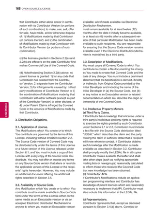 166
ENGENGLISH
OPEN SOURCE LICENSE
that Contributor either alone and/or in combi-
nation with its Contributor Version (or portions
of such combination), to make, use, sell, offer
for sale, have made, and/or otherwise dispose
of: 1) Modifications made by that Contributor
(or portions thereof); and 2) the combination
of Modifications made by that Contributor with
its Contributor Version (or portions of such
combination).
(c) the licenses granted in Sections 2.2(a) and
2.2(b) are effective on the date Contributor first
makes Commercial Use of the Covered Code.
(d) Notwithstanding Section 2.2(b) above, no
patent license is granted: 1) for any code that
Contributor has deleted from the Contribu-
tor Version; 2) separate from the Contributor
Version; 3) for infringements caused by: i) third
party modifications of Contributor Version or ii)
the combination of Modifications made by that
Contributor with other software (except as part
of the Contributor Version) or other devices; or
4) under Patent Claims infringed by Covered
Code in the absence of Modifications made by
that Contributor.
3. Distribution Obligations.
3.1. Application of License.
The Modifications which You create or to which
You contribute are governed by the terms of this
License, including without limitation Section 2.2.
The Source Code version of Covered Code may
be distributed only under the terms of this License
or a future version of this License released under
Section 6.1, and You must include a copy of this
License with every copy of the Source Code You
distribute. You may not offer or impose any terms
on any Source Code version that alters or restricts
the applicable version of this License or the recipi-
ents' rights hereunder. However, You may include
an additional document offering the additional
rights described in Section 3.5.
3.2. Availability of Source Code.
Any Modification which You create or to which You
contribute must be made available in Source Code
form under the terms of this License either on the
same media as an Executable version or via an
accepted Electronic Distribution Mechanism to
anyone to whom you made an Executable version
available; and if made available via Electronic
Distribution Mechanism,
must remain available for at least twelve (12)
months after the date it initially became available,
or at least six (6) months after a subsequent ver-
sion of that particular Modification has been made
available to such recipients. You are responsible
for ensuring that the Source Code version remains
available even if the Electronic Distribution Mecha-
nism is maintained by a third party.
3.3. Description of Modifications.
You must cause all Covered Code to which You
contribute to contain a file documenting the chang-
es You made to create that Covered Code and the
date of any change. You must include a prominent
statement that the Modification is derived, directly
or indirectly, from Original Code provided by the
Initial Developer and including the name of the
Initial Developer in (a) the Source Code, and (b)
in any notice in an Executable version or related
documentation in which You describe the origin or
ownership of the Covered Code.
3.4. Intellectual Property Matters
(a) Third Party Claims.
If Contributor has knowledge that a license under a
third party's intellectual property rights is required
to exercise the rights granted by such Contributor
under Sections 2.1 or 2.2, Contributor must include
a text file with the Source Code distribution titled
LEGAL'' which describes the claim and the party
making the claim in sufficient detail that a recipient
will know whom to contact. If Contributor obtains
such knowledge after the Modification is made
available as described in Section 3.2, Contributor
shall promptly modify the LEGAL file in all copies
Contributor makes available thereafter and shall
take other steps (such as notifying appropriate
mailing lists or newsgroups) reasonably calculated
to inform those who received the Covered Code
that new knowledge has been obtained.
(b) Contributor APIs.
If Contributor's Modifications include an applica-
tion programming interface and Contributor has
knowledge of patent licenses which are reasonably
necessary to implement that API, Contributor must
also include this information in the LEGAL file.
(c) Representations.
Contributor represents that, except as disclosed
pursuant to Section 3.4(a) above, Contribu tor
 