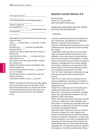 170
ENGENGLISH
OPEN SOURCE LICENSE
The Original Code is _______________________
_______________.
The Initial Developer of the Original Code is
________________________.
Portions created by ______________________
are Copyright (C) ______
_______________________.All Rights Reserved.
Contributor(s): ____________________________
__________.
Alternatively, the contents of this file may be used
under the terms
of the _____ license (the [___] License), in which
case the
provisions of [______] License are applicable
instead of those
above.If you wish to allow use of your version of
this file only
under the terms of the [____] License and not to
allow others to use
your version of this file under the MPL, indicate
your decision by
deleting the provisions above and replace them
with the notice and
other provisions required by the [___] License. If
you do not delete
the provisions above, a recipient may use your
version of this file
under either the MPL or the [___] License.
[NOTE: The text of this Exhibit A may differ slightly
from the text of the notices in the Source Code
files of the Original Code. You should use the text
of this Exhibit A rather than the text found in the
Original Code Source Code for Your Modifica-
tions.]
Apache License Version 2.0
Apache License
Version 2.0, January 2004
http://www.apache.org/licenses/
TERMS AND CONDITIONS FOR USE, REPRO-
DUCTION, AND DISTRIBUTION
1. Definitions.
License shall mean the terms and conditions for
use, reproduction, and distribution as defined by
Sections 1 through 9 of this document.
Licensor shall mean the copyright owner or entity
authorized by the copyright owner that is granting
the License.
Legal Entity shall mean the union of the acting
entity and all other entities that control, are con-
trolled by, or are under common control with that
entity. For the purposes of this definition, control
means (i) the power, direct or indirect, to cause the
direction or management of such entity, whether
by contract or otherwise, or (ii) ownership of fifty
percent (50%) or more of the outstanding shares,
or (iii) beneficial ownership of such entity.
You (or Your) shall mean an individual or Legal
Entity exercising permissions granted by this
License.
Source form shall mean the preferred form for
making modifications, including but not limited to
software source code, documentation source, and
configuration files.
Object form shall mean any form resulting from
mechanical transformation or translation of a
Source form, including but not limited to compiled
object code, generated documentation, and con-
versions to other media types.
Work shall mean the work of authorship, whether
in Source or Object form, made available under
the License, as indicated by a copyright notice that
is included in or attached to the work (an example
is provided in the Appendix below).
Derivative Works shall mean any work, whether
in Source or Object form, that is based on (or
derived from) the Work and for which the editorial
revisions, annotations, elaborations, or other modi-
fications represent, as a whole, an original work of
authorship. For the purposes of this License, De-
rivative Works shall not include works that remain
separable from, or merely link (or bind by name) to
the interfaces of, the Work and Derivative Works
 