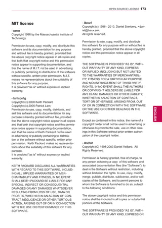 173
ENGENGLISH
OPEN SOURCE LICENSE
MIT license
- cares
Copyright 1998 by the Massachusetts Institute of
Technology.
Permission to use, copy, modify, and distribute this
software and its documentation for any purpose
and without fee is hereby granted, provided that
the above copyright notice appear in all copies and
that both that copyright notice and this permission
notice appear in supporting documentation, and
that the name of M.I.T. not be used in advertising
or publicity pertaining to distribution of the software
without specific, written prior permission. M.I.T.
makes no representations about the suitability of
this software for any purpose.
It is provided as is without express or implied
warranty.
- fontconfig
Copyright (c) 2000 Keith Packard
Copyright (c) 2005 Patrick Lam
Permission to use, copy, modify, distribute, and
sell this software and its documentation for any
purpose is hereby granted without fee, provided
that the above copyright notice appear in all copies
and that both that copyright notice and this permis-
sion notice appear in supporting documentation,
and that the name of Keith Packard not be used
in advertising or publicity pertaining to distribu-
tion of the software without specific, written prior
permission. Keith Packard makes no representa-
tions about the suitability of this software for any
purpose.
It is provided as is without express or implied
warranty.
KEITH PACKARD DISCLAIMS ALL WARRANTIES
WITH REGARD TO THIS SOFTWARE, INCLUD-
ING ALL IMPLIED WARRANTIES OF MER-
CHANTABILITY AND FITNESS, IN NO EVENT
SHALL KEITH PACKARD BE LIABLE FOR ANY
SPECIAL, INDIRECT OR CONSEQUENTIAL
DAMAGES OR ANY DAMAGES WHATSOEVER
RESULTING FROM LOSS OF USE, DATA OR
PROFITS, WHETHER IN AN ACTION OF CON-
TRACT, NEGLIGENCE OR OTHER TORTIOUS
ACTION, ARISING OUT OF OR IN CONNECTION
WITH THE USE OR PERFORMANCE OF THIS
SOFTWARE.
- libcurl
Copyright (c) 1996 - 2010, Daniel Stenberg, dan-
iel@haxx.se.
All rights reserved.
Permission to use, copy, modify, and distribute
this software for any purpose with or without fee is
hereby granted, provided that the above copyright
notice and this permission notice appear in all
copies.
THE SOFTWARE IS PROVIDED AS IS, WITH-
OUT WARRANTY OF ANY KIND, EXPRESS
OR IMPLIED, INCLUDING BUT NOT LIMITED
TO THE WARRANTIES OF MERCHANTABIL-
ITY, FITNESS FOR A PARTICULAR PURPOSE
AND NONINFRINGEMENT OF THIRD PARTY
RIGHTS. IN NO EVENT SHALL THE AUTHORS
OR COPYRIGHT HOLDERS BE LIABLE FOR
ANY CLAIM, DAMAGES OR OTHER LIABILITY,
WHETHER IN AN ACTION OF CONTRACT,
TORT OR OTHERWISE, ARISING FROM, OUT
OF OR IN CONNECTION WITH THE SOFTWARE
OR THE USE OR OTHER DEALINGS IN THE
SOFTWARE.
Except as contained in this notice, the name of a
copyright holder shall not be used in advertising or
otherwise to promote the sale, use or other deal-
ings in this Software without prior written authori-
zation of the copyright holder.
- libxml2
Copyright (C) 1998-2003 Daniel Veillard. All
Rights Reserved.
Permission is hereby granted, free of charge, to
any person obtaining a copy of this software and
associated documentation files (the Software), to
deal in the Software without restriction, including
without limitation the rights to use, copy, modify,
merge, publish, distribute, sublicense, and/or sell
copies of the Software, and to permit persons to
whom the Software is furnished to do so, subject
to the following conditions:
The above copyright notice and this permission
notice shall be included in all copies or substantial
portions of the Software.
THE SOFTWARE IS PROVIDED AS IS, WITH-
OUT WARRANTY OF ANY KIND, EXPRESS OR
 
