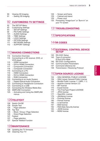 5
ENGENGLISH
TABLE OF CONTENTS
90	 Viewing 3D Imaging
91	 -	Setting 3D Imaging
92	 CUSTOMIZING TV SETTINGS
92	 The SETUP Menu
93	 Customizing Settings
93	 -	SETUP Settings
94	 -	PICTURE Settings
101	 -	AUDIO Settings
105	 -	TIME Settings
106	 -	LOCK Settings
107	 -	OPTION Settings
111	 -	NETWORK Settings
112	 -	SUPPORT Settings
113	MAKING CONNECTIONS
114	 Connection Overview
115	 Connecting to a HD receiver, DVD, or
VCR player
115	 -	HDMI connection
116	 -	DVI to HDMI Connection
117	 -	Component Connection
118	 -	Composite Connection
119	 Connecting to a PC
119	 -	HDMI Connection
120	 -	DVI to HDMI Connection
120	 -	RGB Connection
122	 Connecting to an Audio System
122	 -	Digital Optical Audio Connection
123	 Connecting to Headphone Connection
123	 Connecting to a USB
124	 Connecting the Wireless Media Box
124	 SIMPLINK Connection
125	 -	Activating and Using the SIMPLINK
menus
126TELETEXT
126	 Switch On/Off
126	 Simple Text
126	 -	Page selection
126	 Top Text
126	 -	Block / Group / Page Selection
126	 -	Direct Page Selection
127	 Fastext
127	 -	Page selection
127	 Special Teletext Function
128MAINTENANCE
128	 Updating the TV firmware
129	 Cleaning Your TV
129	 -	Screen and frame
129	 -	Cabinet and stand
129	 -	Power cord
130	 Preventing “Image burn” or “Burn-in” on
your TV screen
131TROUBLESHOOTING
133SPECIFICATIONS
144IR CODES
145EXTERNAL CONTROL DEVICE
SETUP
145	 RS-232C Setup
145	 Type of connector;
D-Sub 9-Pin Male
146	 RS-232C Configurations
147	 Communication Parameters
147	 Command reference list
148	 Transmission / Receiving Protocol
153OPEN SOURCE LICENSE
154	 -	GNU GENERAL PUBLIC LICENSE
158	 -	GNU Lesser General Public License
164	 -	Mozilla Public License 1.1 (MPL 1.1)
170	 -	Apache License Version 2.0
173	 -	MIT license
175	 -	Expat license
175	 -	The FreeType Project LICENSE
177	 -	JPEG license
177	 -	OpenSSL License
179	 -	zlib/libpng License
179	 -	Portmap license
180	 -	Pixman license
180	 -	X.net license
181	 -	BSD license
182	 -	RSA Data Security license
183	 -	JSON license
183	 -	MS92 license
 