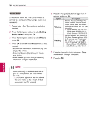 50
ENGENGLISH
ENTERTAINMENT
Ad-hoc Mode
Ad-hoc mode allows the TV to use a wireless to
connect to a computer without using a router or ac-
cess point.
1	 Repeat step 1-5 on “Connecting to a wireless
network”.
2	 Press the Navigation buttons to select Setting
Ad-hoc network and press OK.
3	 Press the Navigation buttons to select OK and
press OK.
4	 Press OK to select Connect to connect Ad-hoc
network.
-	You can see the Network ID and Security Key
on your TV screen.
-	Enter this Network ID and Security Key to
your device.
-	When needed, you can change the setting
information using the Red button.
5	 Press the Navigation buttons to type in an IP
address and press OK.
Option Description
PC Setting
yy Internet Protocol(TCP/IP) of PC
needs to be set manually. IP ad-
dress, Subnet Mask, and default
Gateway can be set with your own
discretion.
»» e.g.) IP address: 192.168.0.1 /
Subnet Mask: 255.255.255.0 /
default Gateway: 192.168.0.10
TV Setting
yy Verify IP address and gateway of
PC. Input Gateway address of PC
to IP Address, and IP Address of
PC to Gateway, and select OK.
»» e.g.) IP address: 192.168.0.10
/ Subnet Mask: 255.255.255.0 /
default Gateway: 192.168.0.1
6	 Press the Navigation buttons to select Close
after Network setting is completed.
7	 Press the OK.
When searching for wireless networks on
your PC using ad-hoc, the TV is named
LGTV10.
yy LGTV10 that appears in the list. (Select
the same name as the network ID that
appears on your TV screen.)
NOTE
 